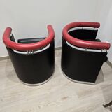 Pair of 80s designer leather and chrome metal armchairs