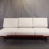 Jitona sobeslav sofa bed in walnut & boucle fabric, vintage czech 1960s