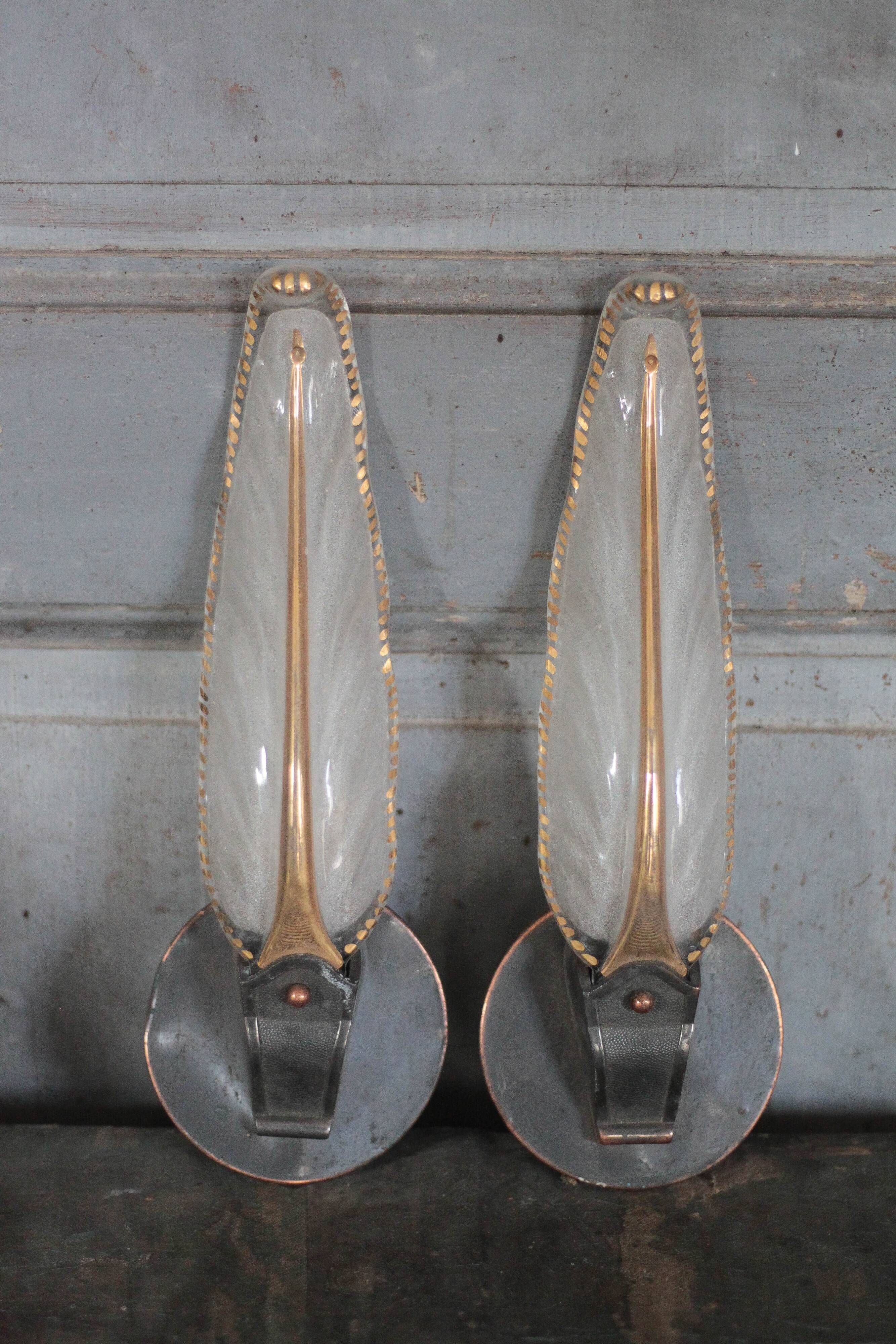 Pair of wall lights, vintage wall lamp, green patina brass wall sconce.