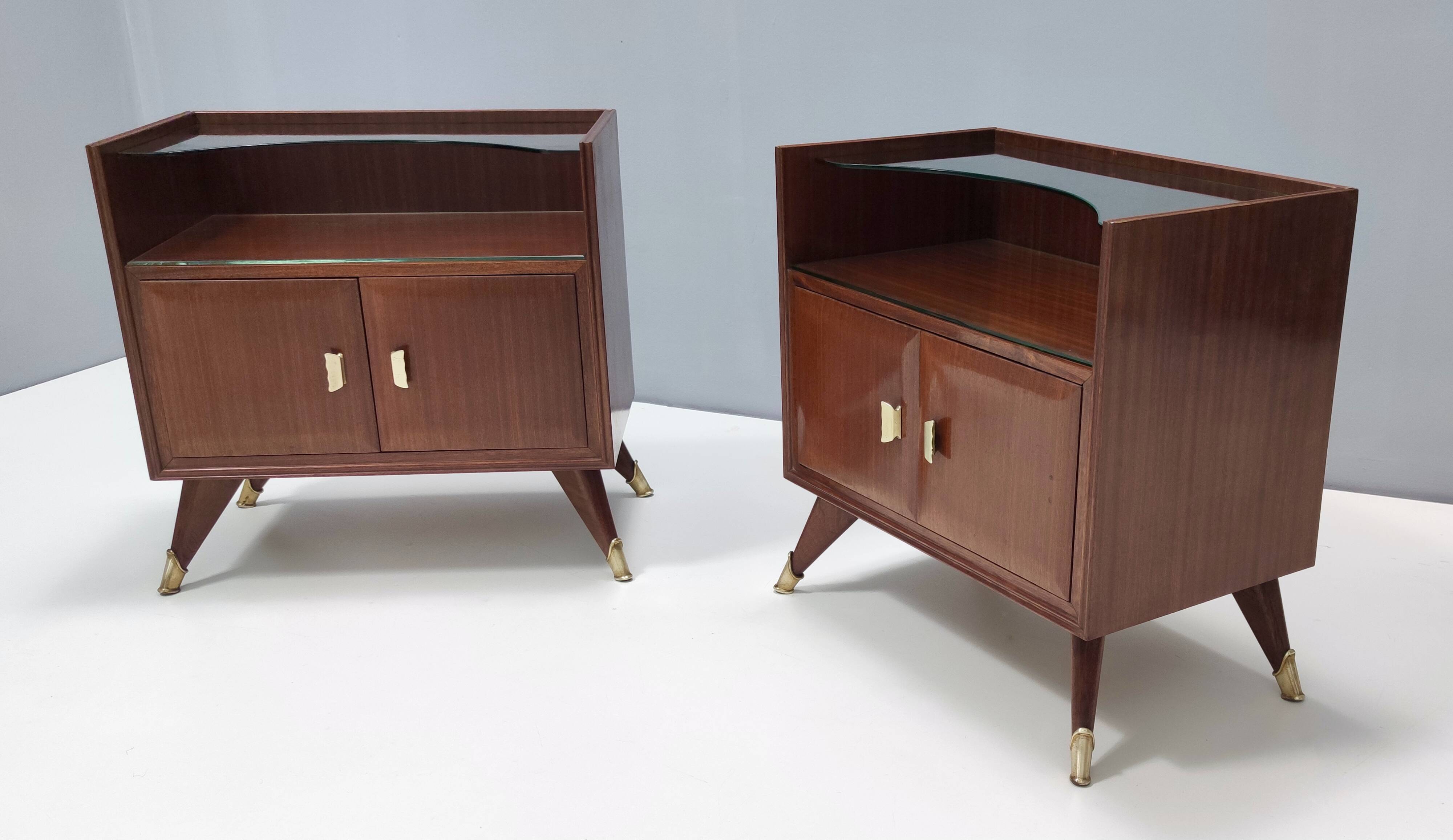 Pair of Elegant Walnut Nightstands with a Crystal Top Shelf