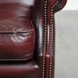 Bordeaux Red Cowhide Leather Wingback Chair in English Style