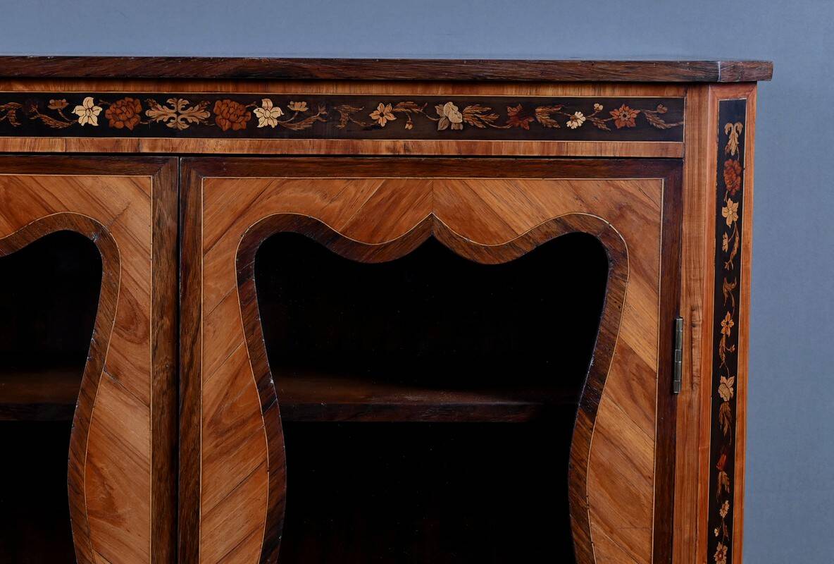 Showcase in precious wood marquetry, Louis XV Transition style.
