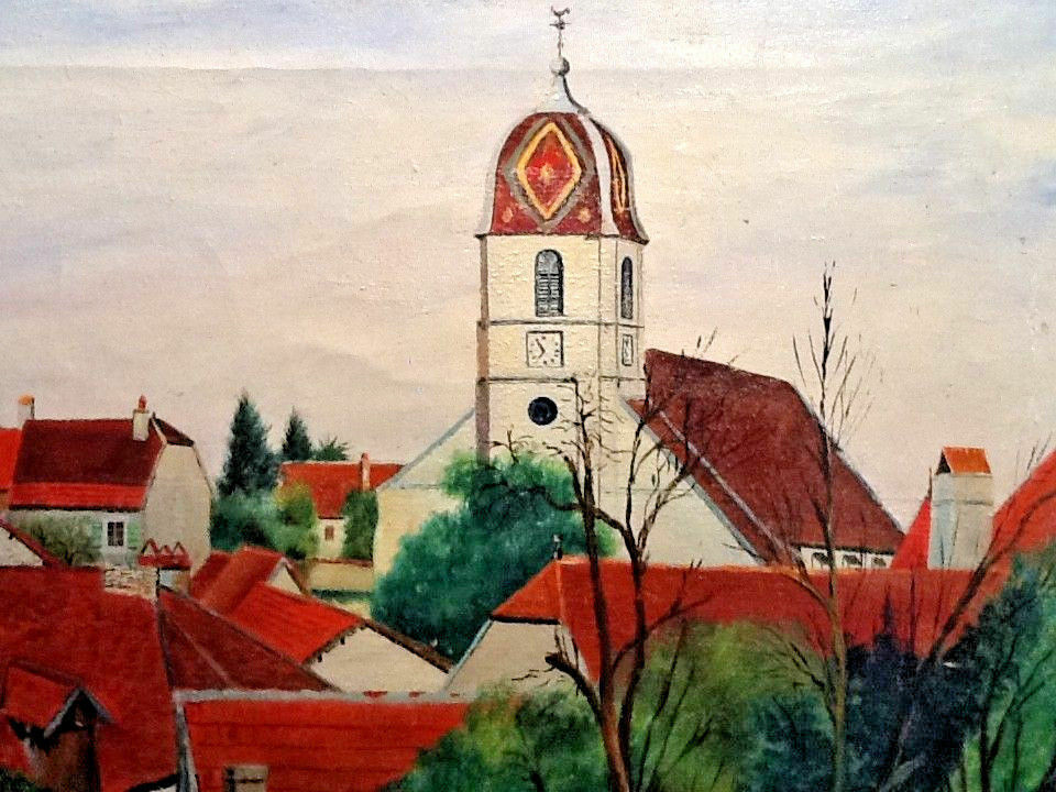 Huile sur toile XIXème village Franc-Comtois Vellexon-Queutrey-et-Vaudey (Haute-Saône)