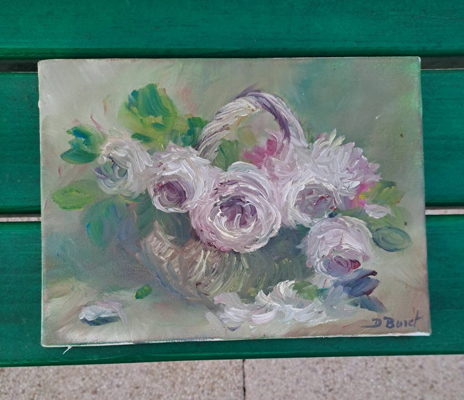 Oil on canvas basket and flowers signed
