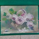 Oil on canvas basket and flowers signed