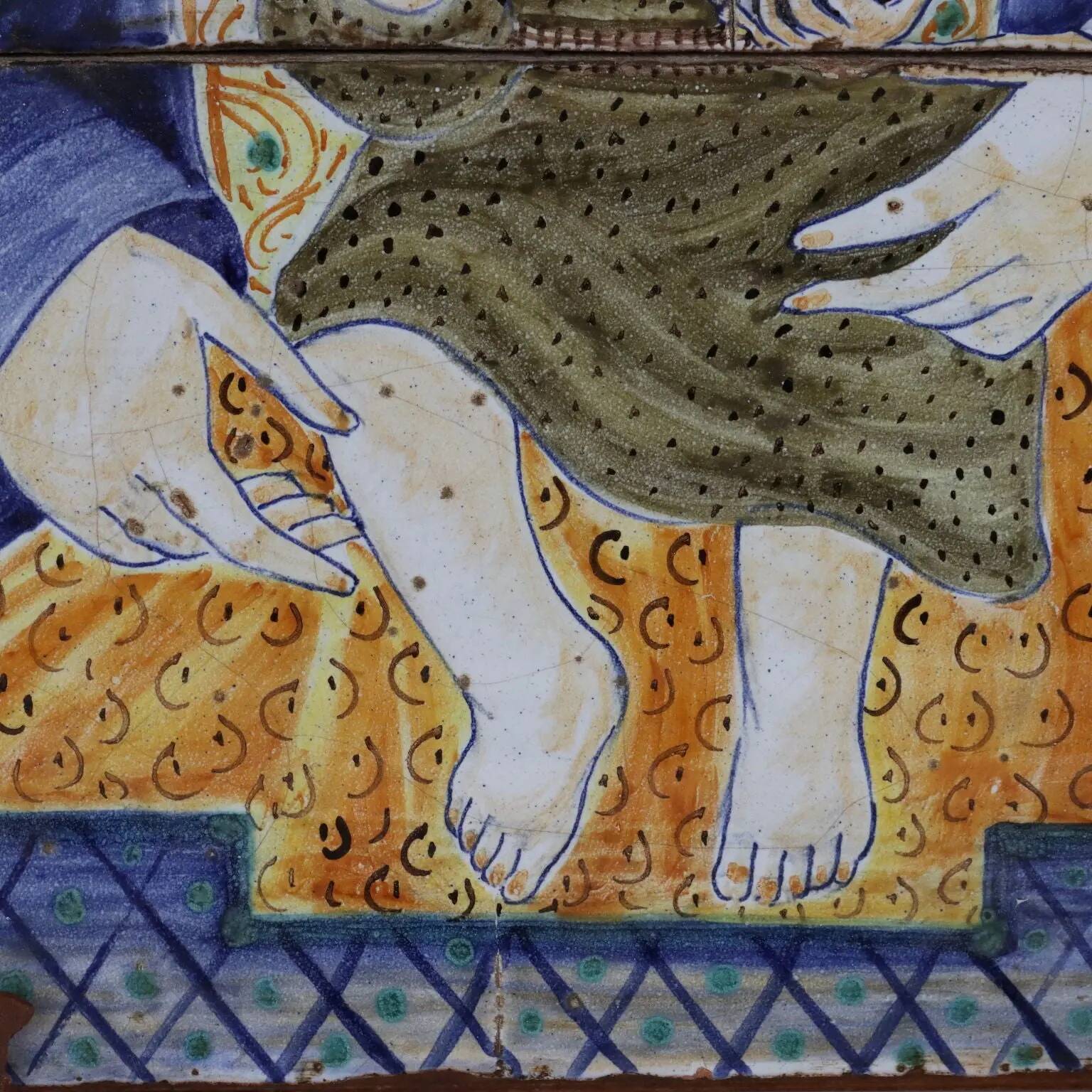 Ancient majolica painting on wood, religious subject, Italy 20th century.