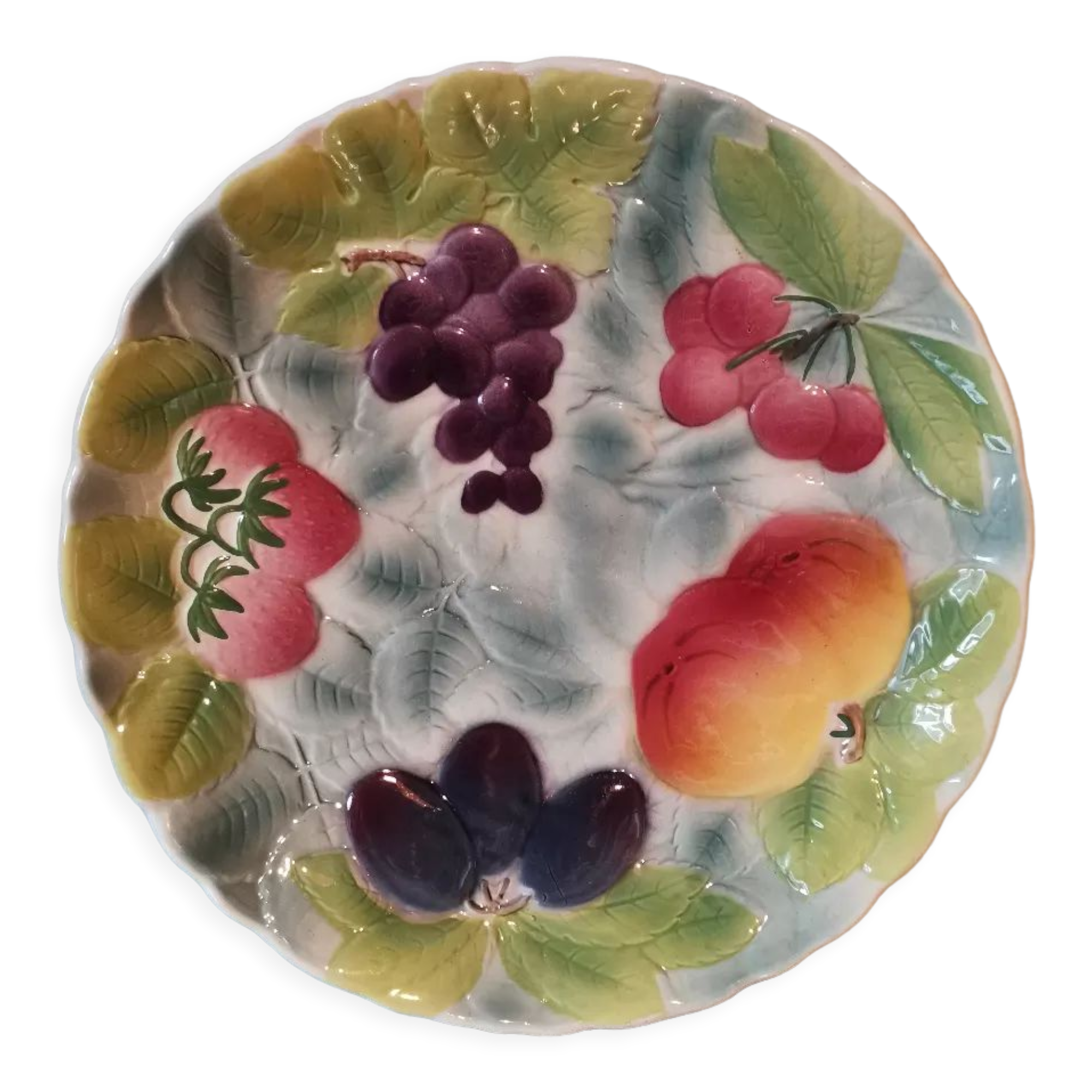 Plat barbotine fruits St Clément peint main vintage