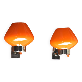 Pair of vintage wall lights 1960-1970 orange glasses and gold metal