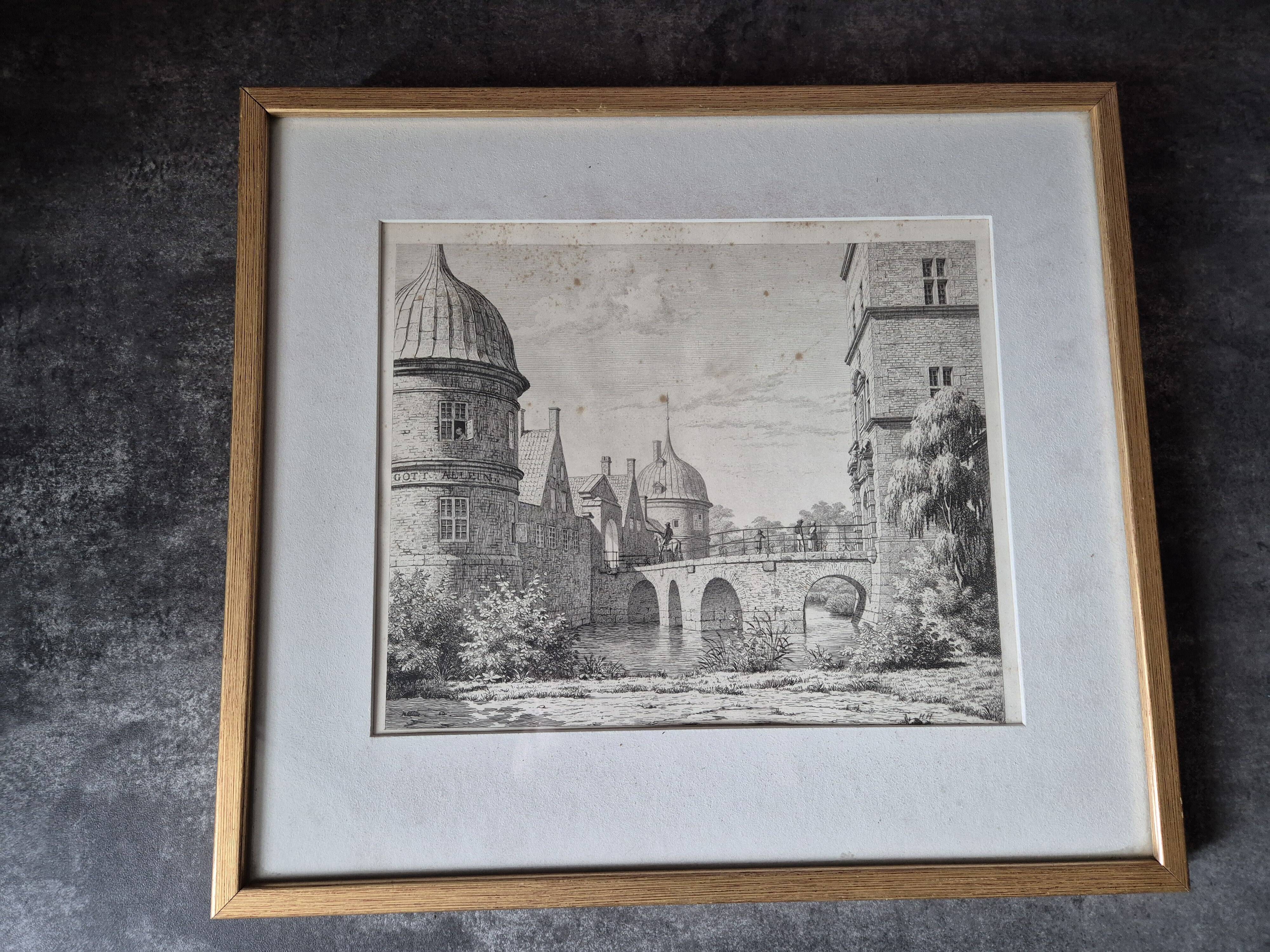 Etching The bridge of Frederiksborg Castle – The bridge at Frederiksborg Castle