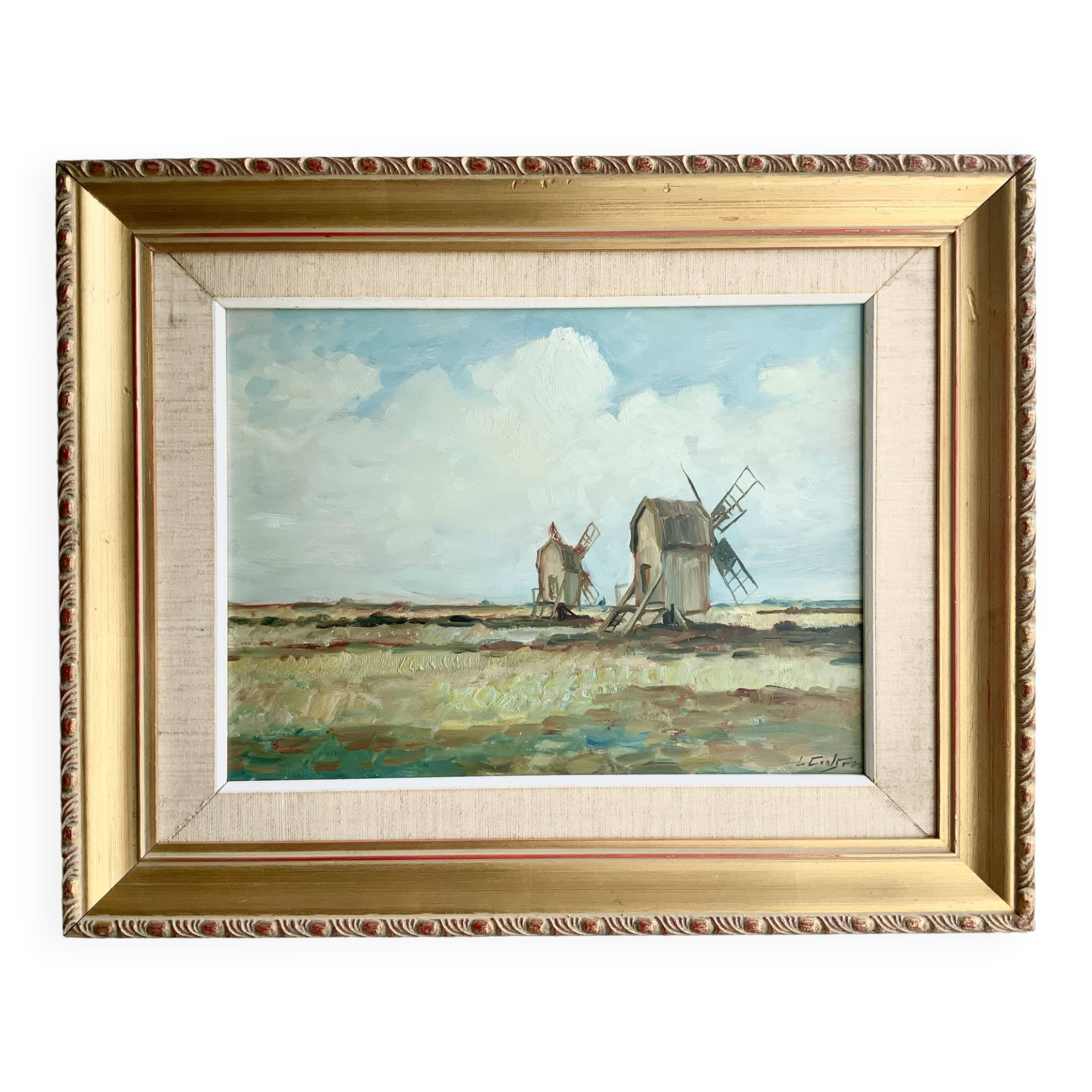 Peinture à l'huile vintage de moulin à vent, signée L.Carlson 1960