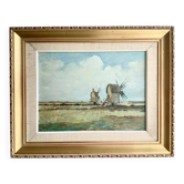 Peinture à l'huile vintage de moulin à vent, signée L.Carlson 1960