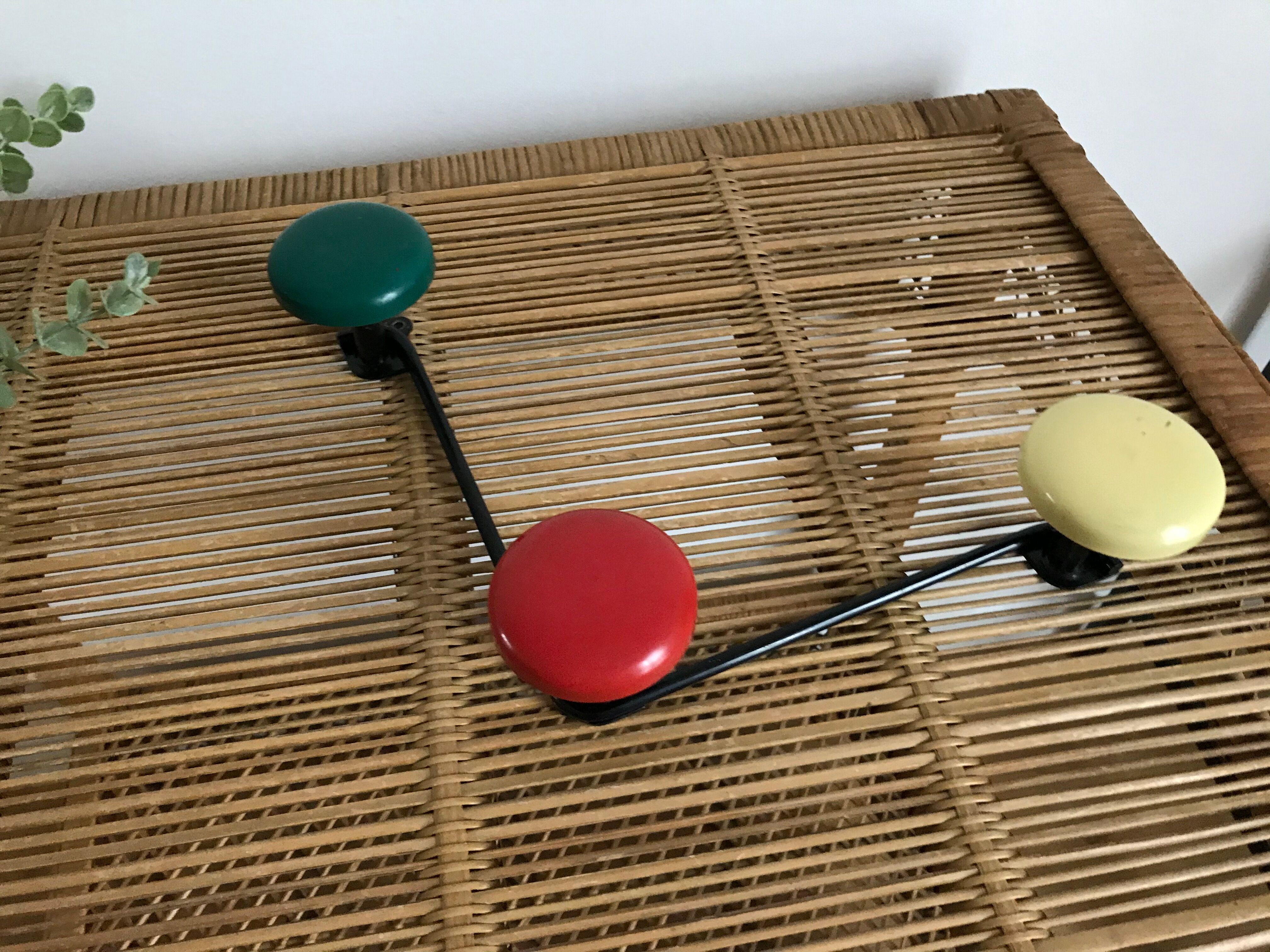 Vintage coat rack 3 colorful metal hooks