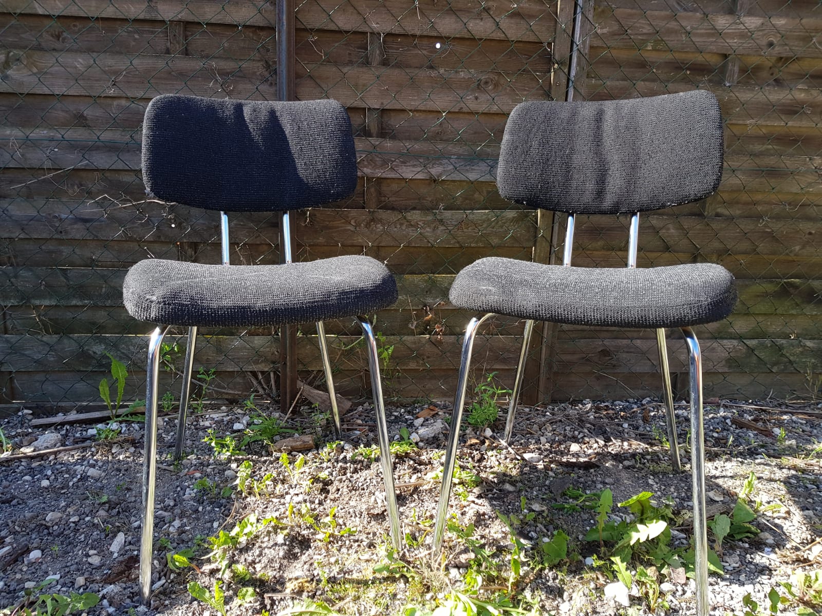 Pair Old Metal Chair Chromé - Vintage 70s Black Fabric