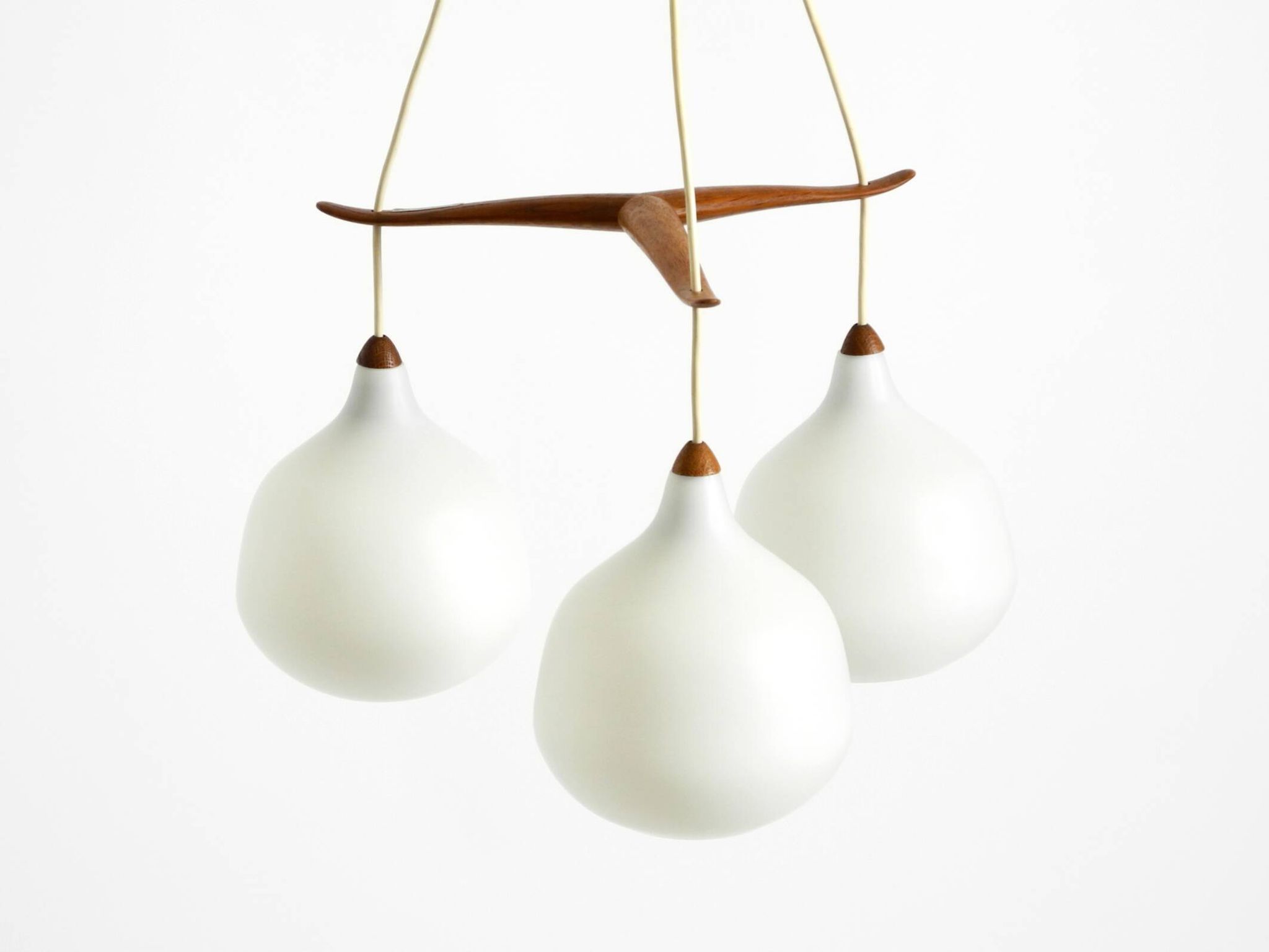 Pendant lamp with opal glass shades teak frame by Uno & Östen Kristiansson