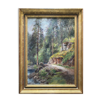 Painting "jurassian landscape" circa 1950 hsc + frame