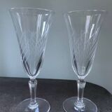 2 antique blown glass champagne flutes, tulip shape.
