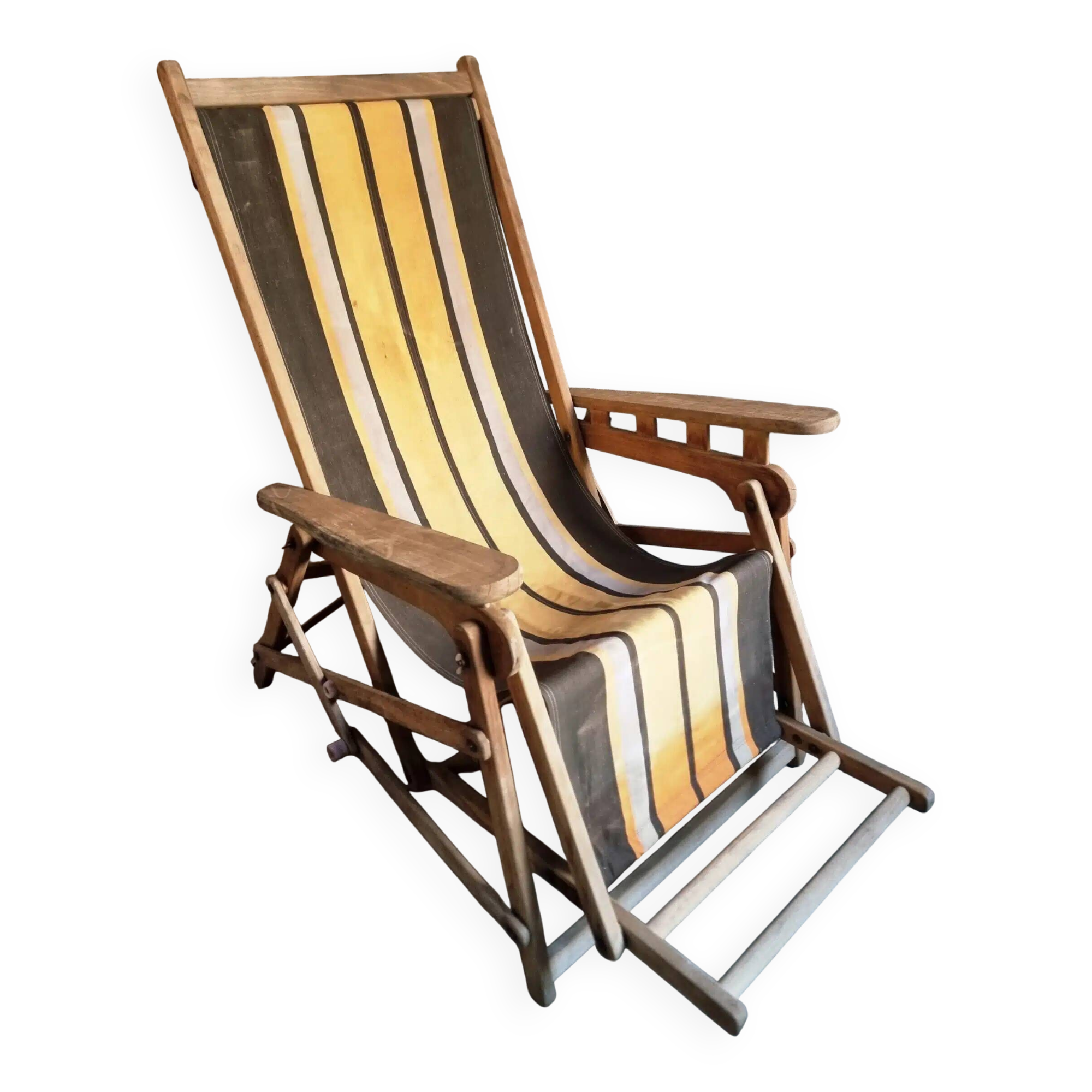 Vintage French folding lounge chair – 1950s/60s in beech with striped canvas, adjustable recliner