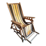 Vintage French folding lounge chair – 1950s/60s in beech with striped canvas, adjustable recliner