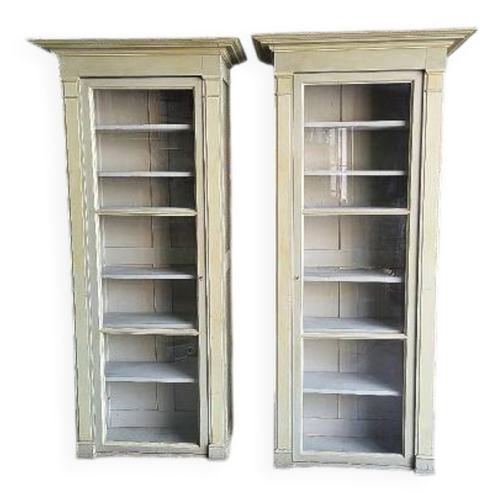 Magnificent pair of green painted fir bookcase display cabinet early 20th century