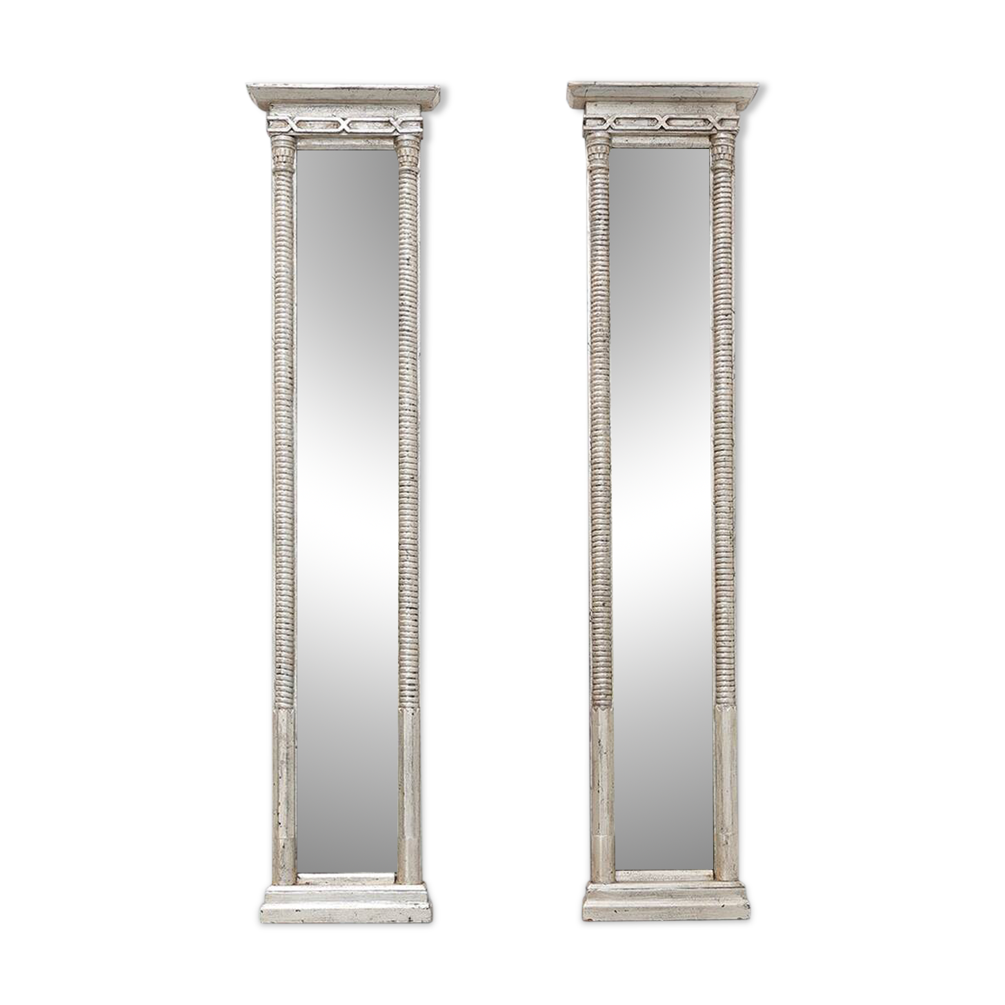 Pair of Neoclassical Silver Leaf Pier Mirrors with Ringed Columns and Corni
