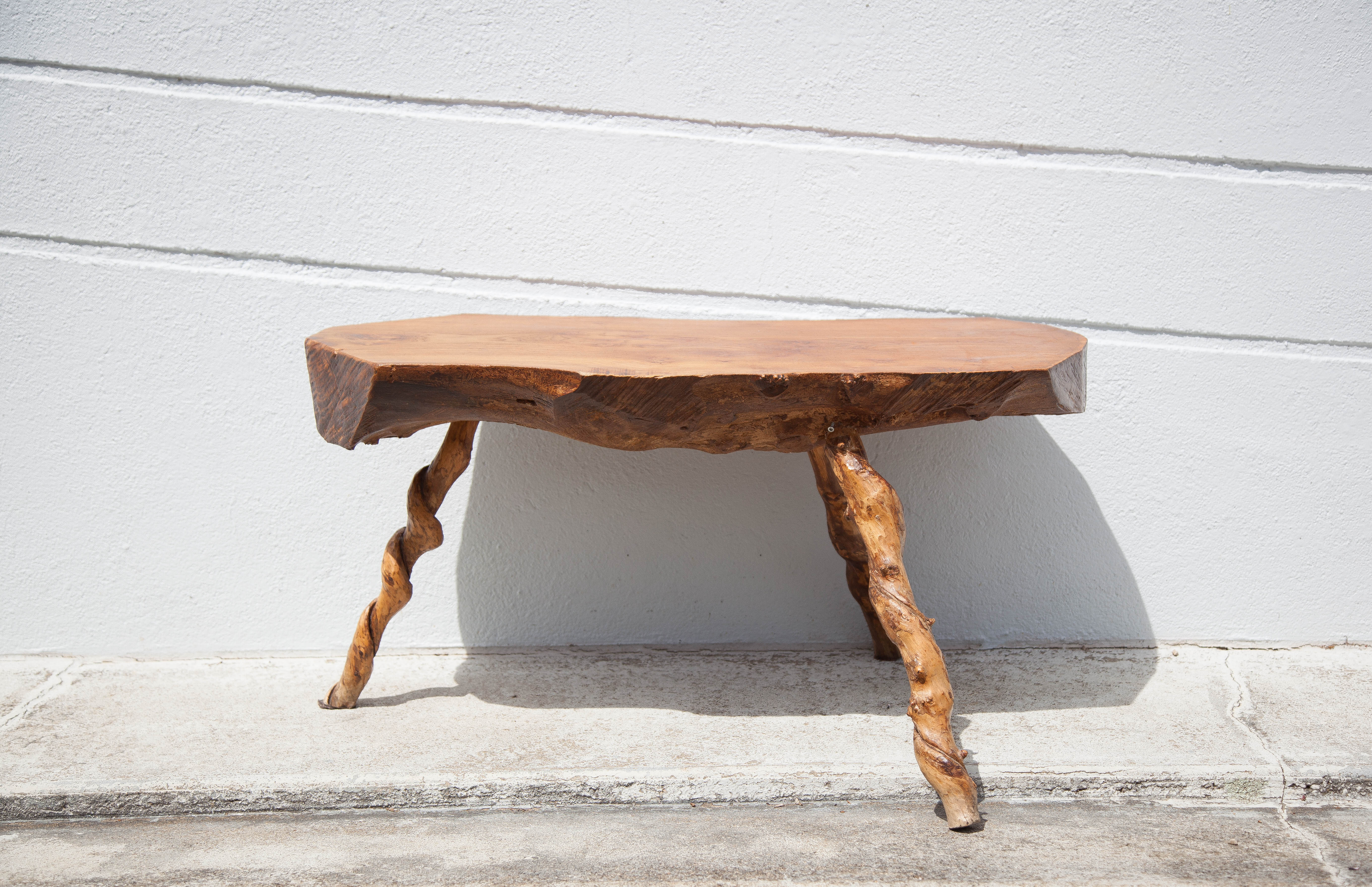 Tripod wood table, root table, natural wood table, vintage coffee table, brutalist