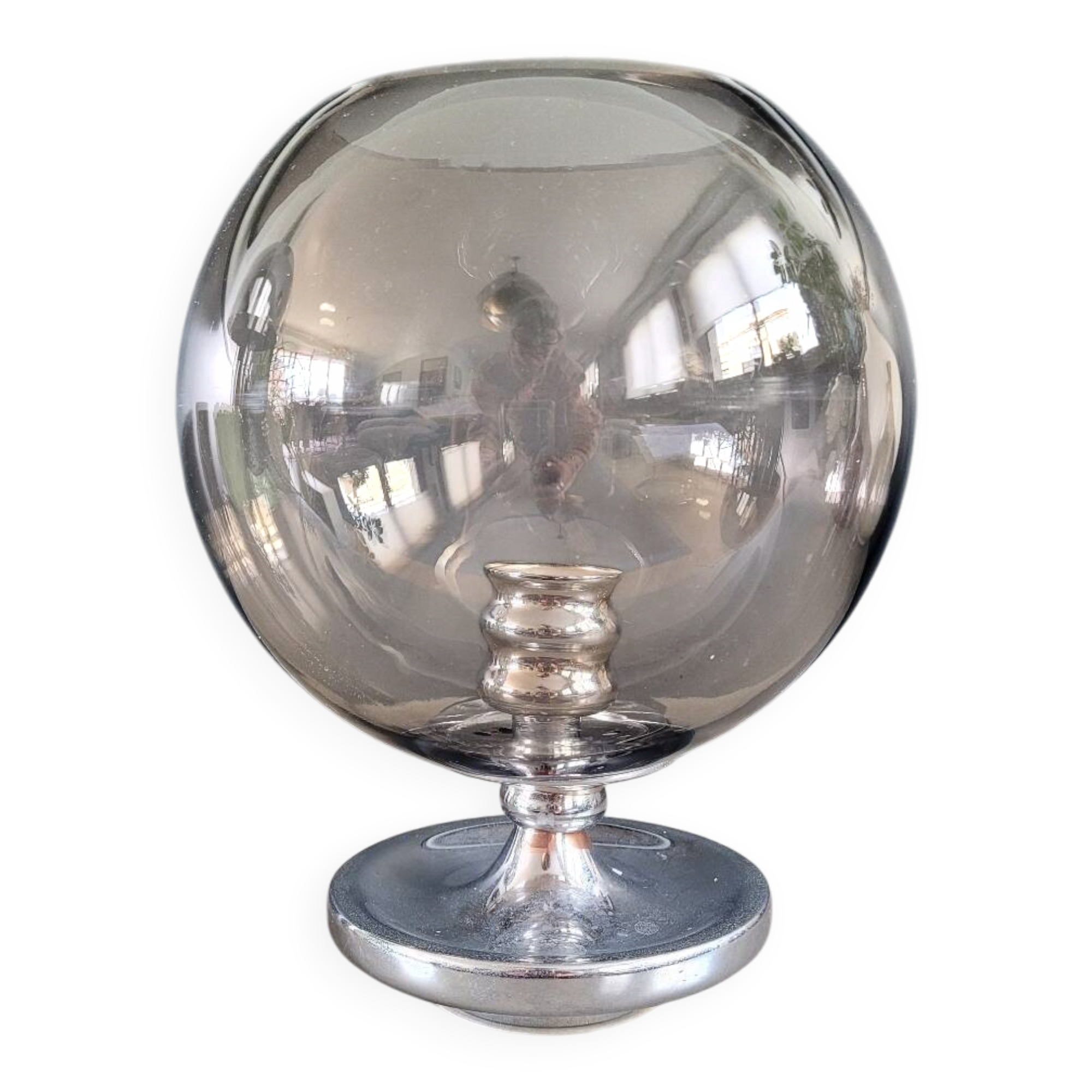 Outdoor glass candle holder in smoked glass and chrome