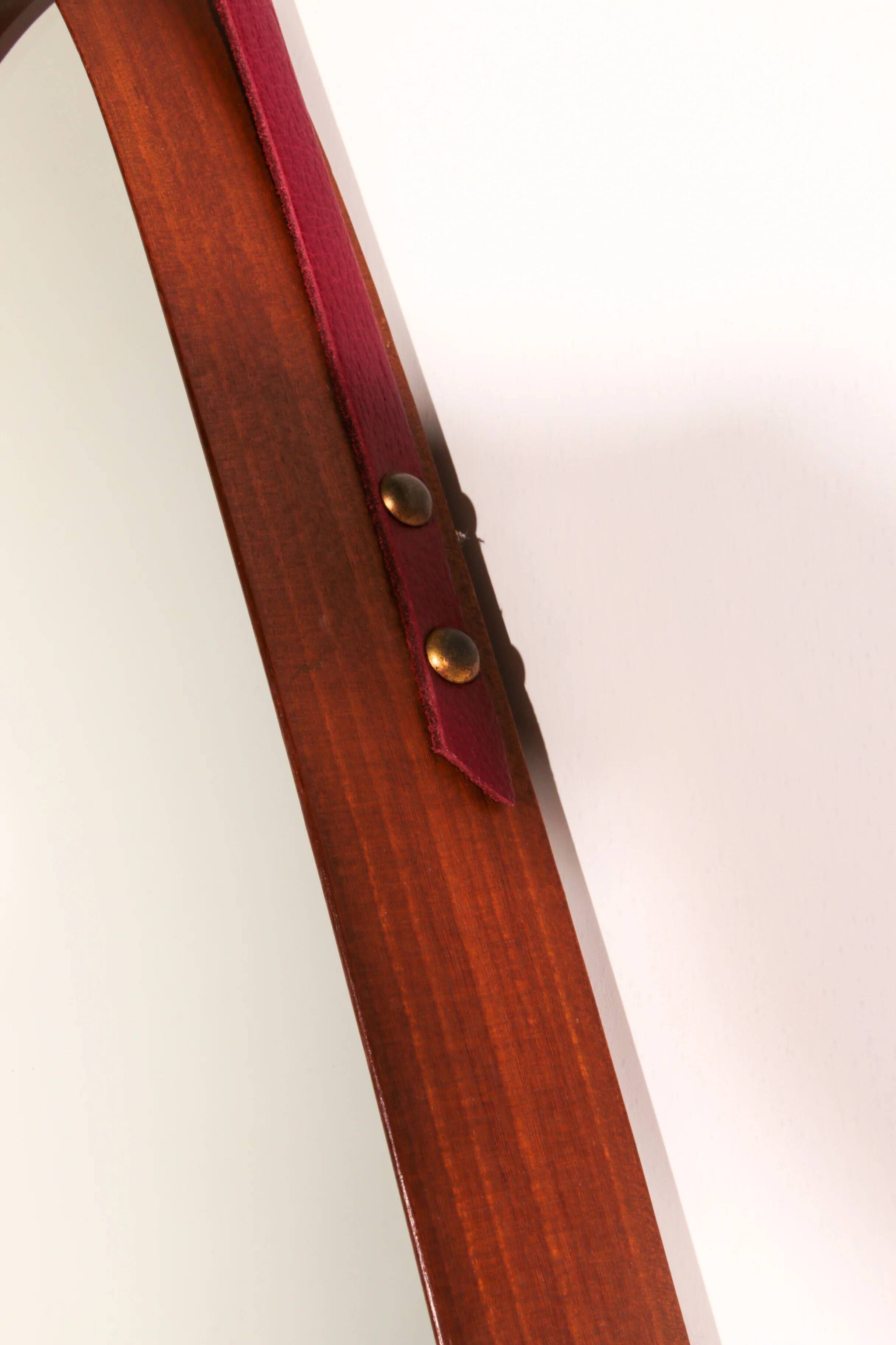 Mid-century Italian triangular mirror in curved teak and leather, 1960s