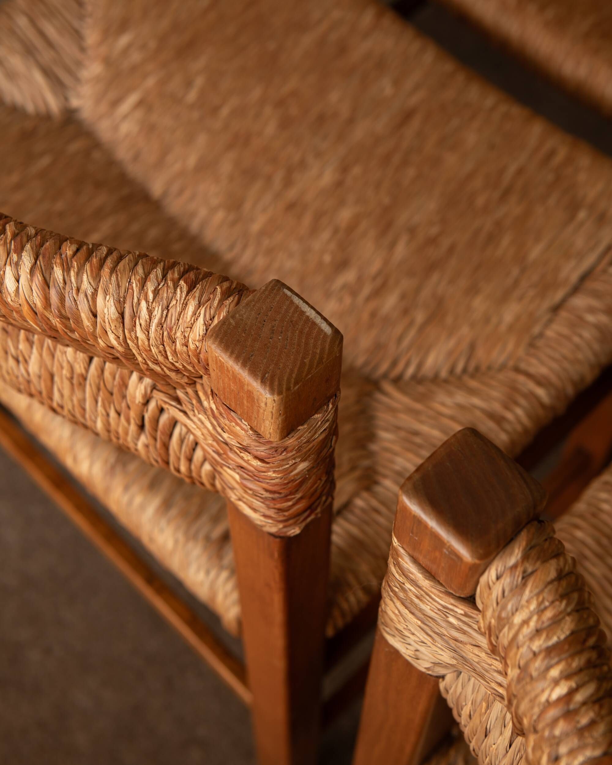 Vintage set of six French mid-century dining chairs in wood and rush, 1960s