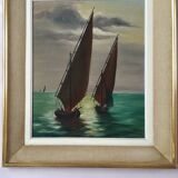 Tableau ancien à l'huile représentant une scène marine