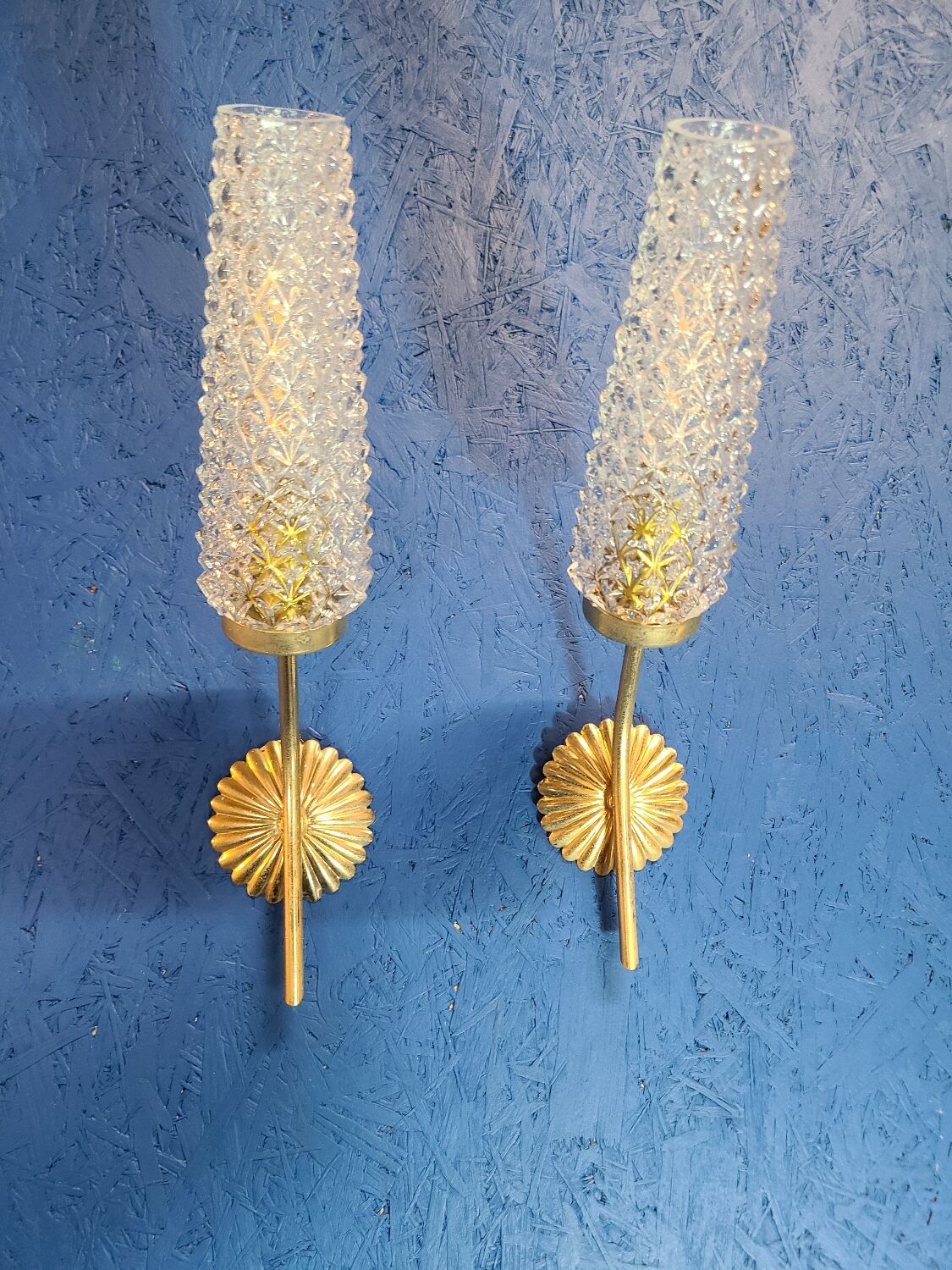 Pair of vintage 1970 glass and metal wall lights