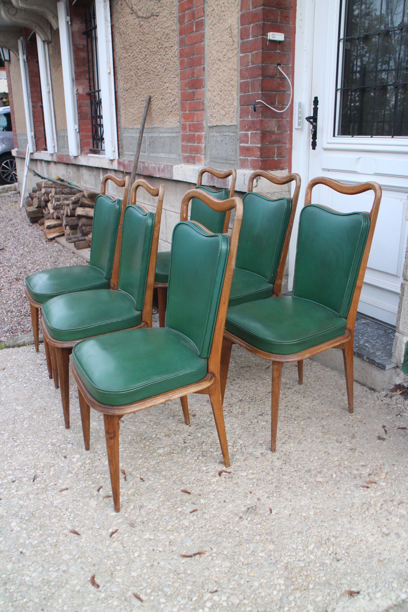 Série 6 chaises simili cuir vert 1950