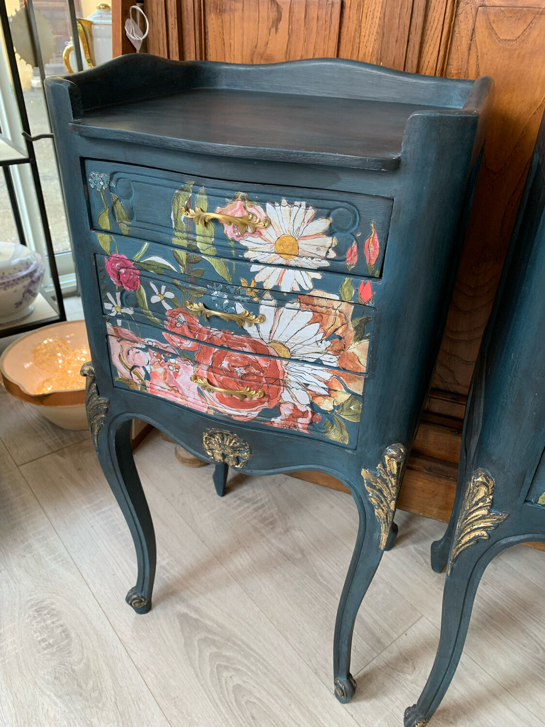 Decorated and patinated bedside tables