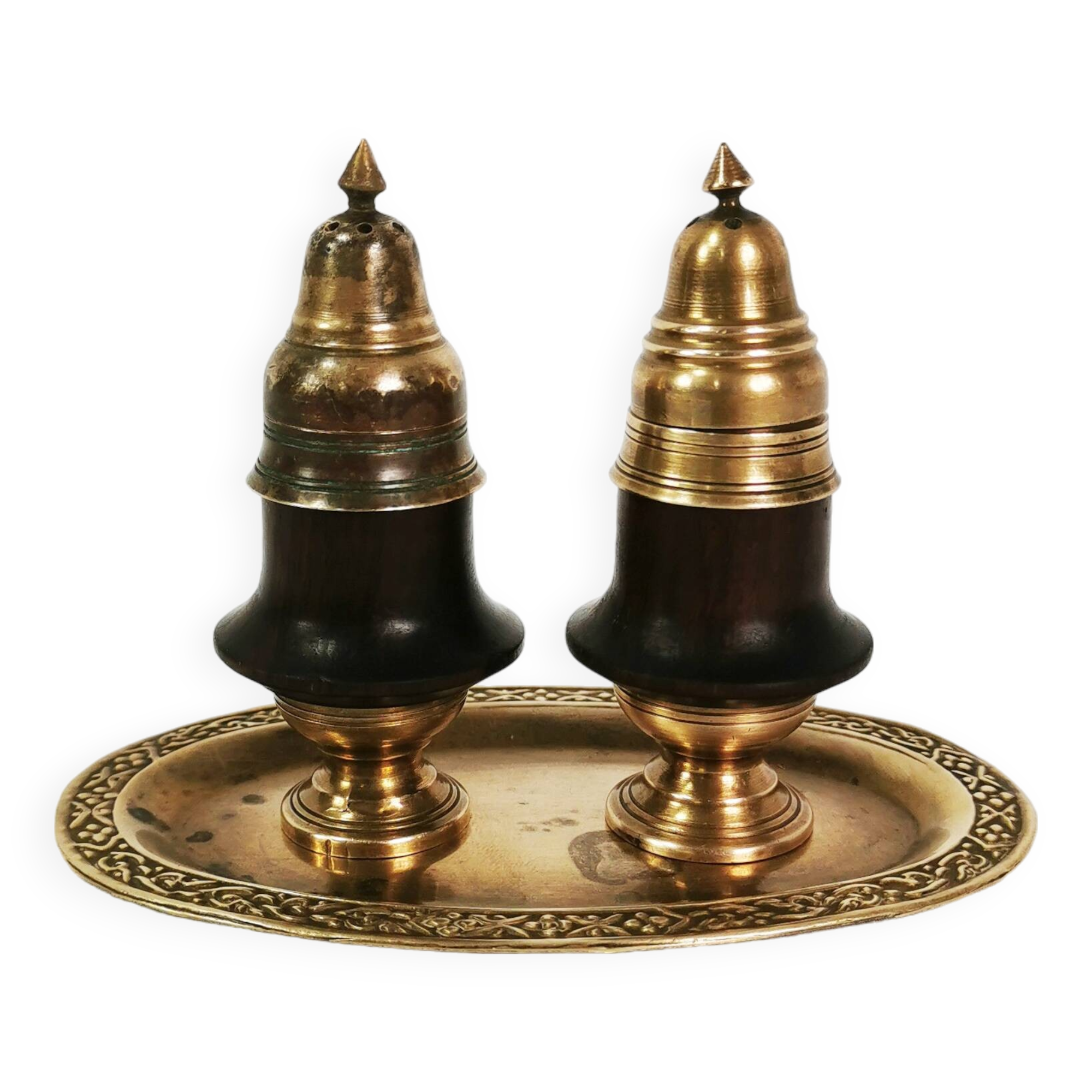 Brass and rosewood spice set, Denmark, 1950s