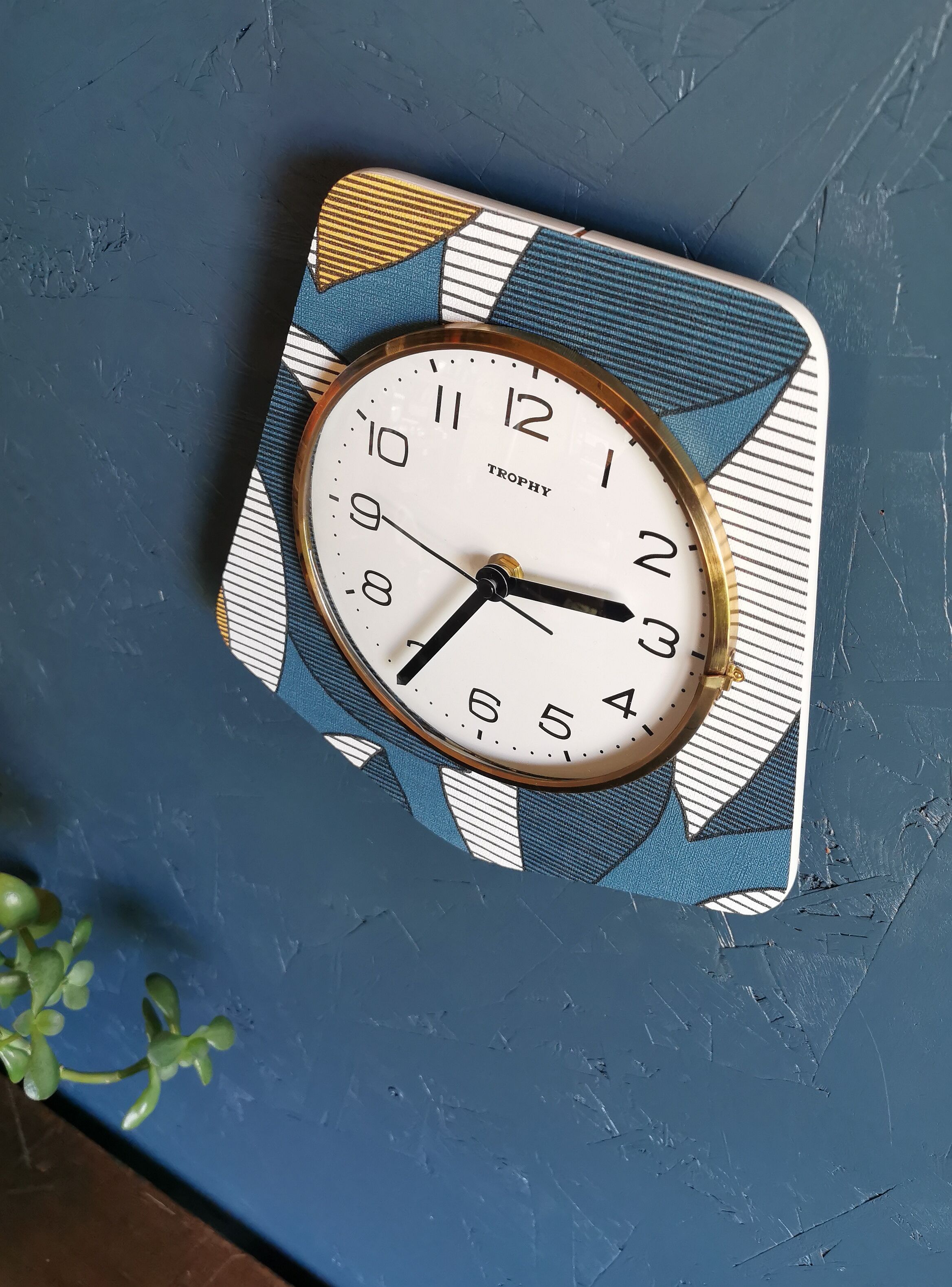 Vintage clock silent trapezoid wall clock "Trophy blue white ochre"