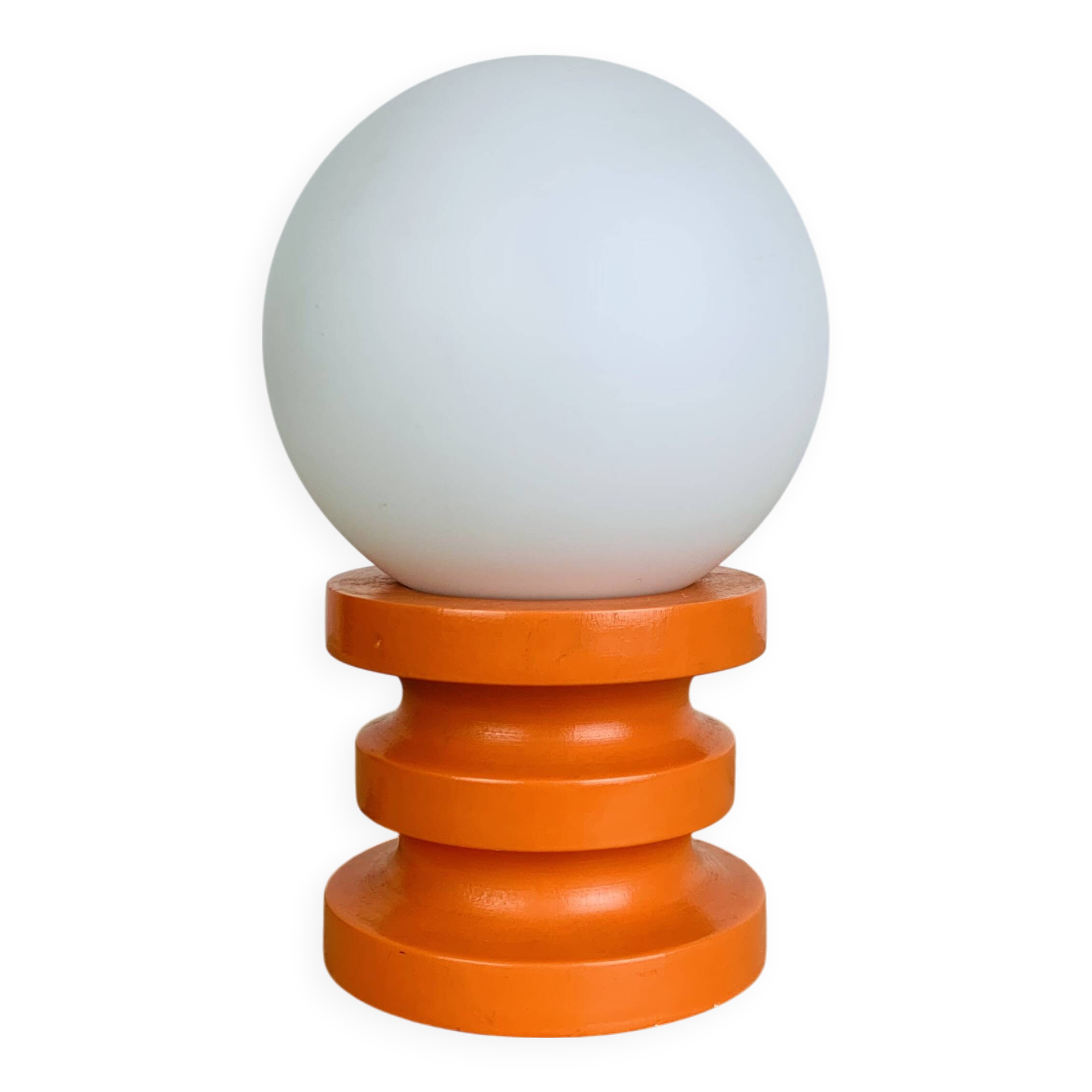 Space Age lamp in orange wood and opaline globe, 1970s