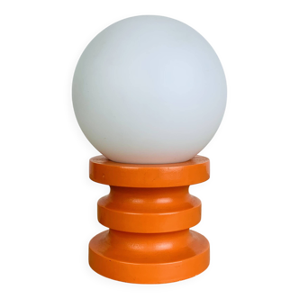 Space Age lamp in orange wood and opaline globe, 1970s
