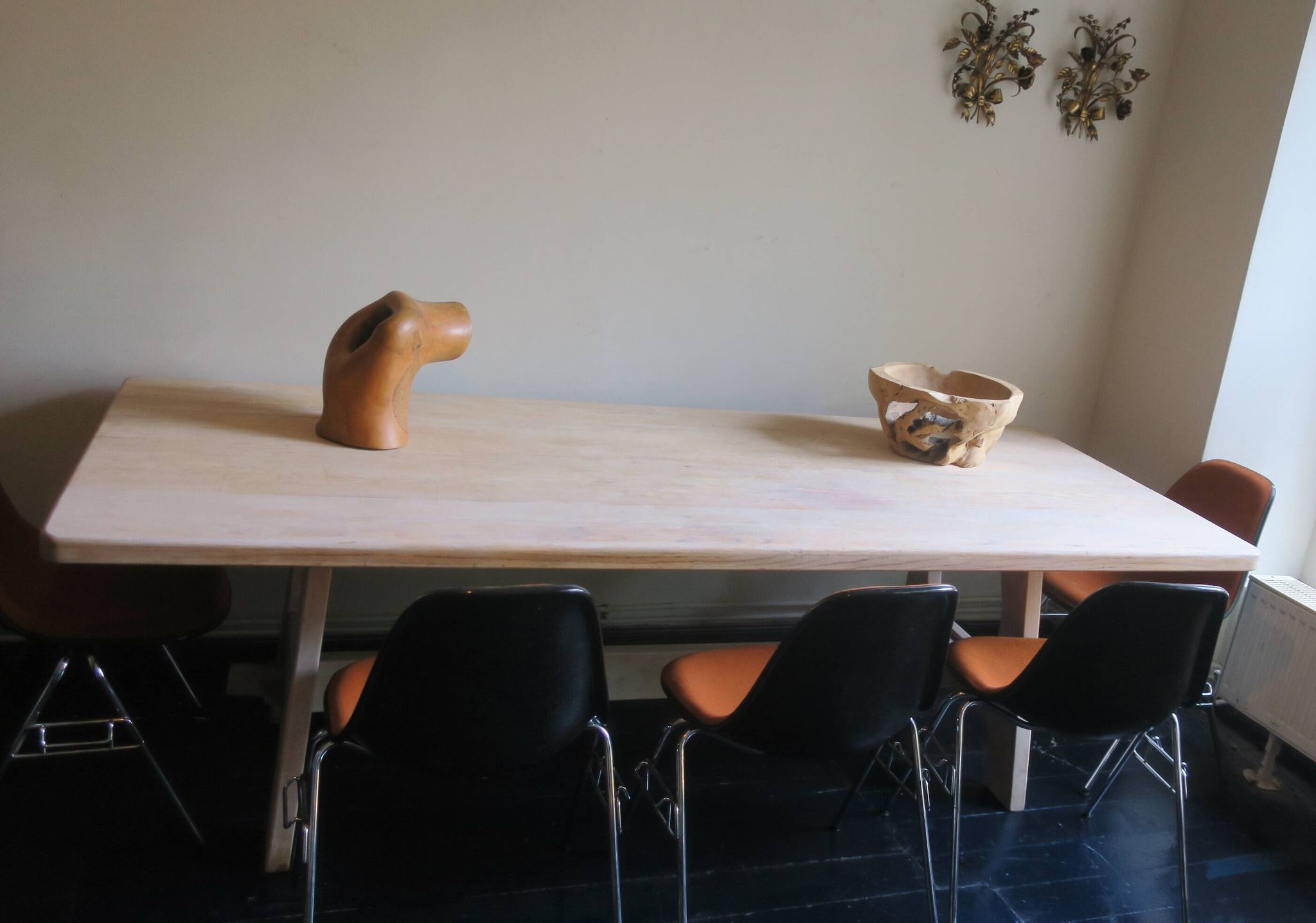Large farmhouse trestle table in limed oak, 1940s-50s