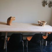 Large farmhouse trestle table in limed oak, 1940s-50s