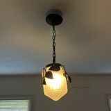 Antique glass and wrought iron pendant light with ivy decor Art Deco chandelier globe