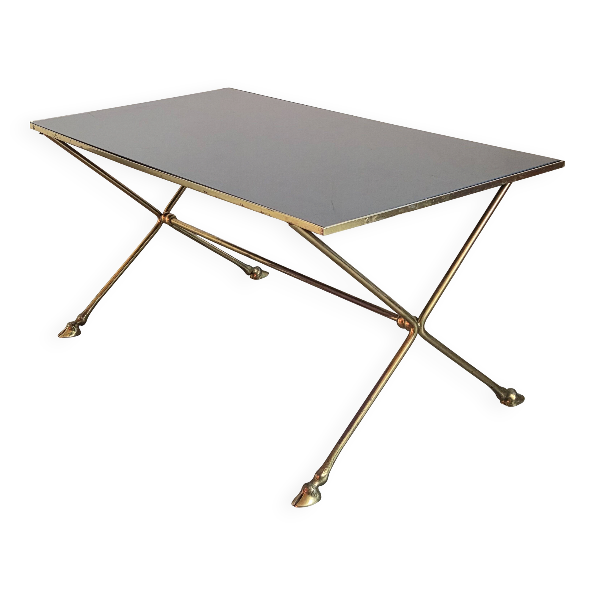 Vintage 1970 coffee table in bronze & glass with goat's foot legs 70s chic