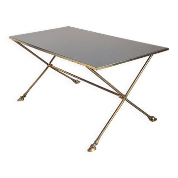 Table basse vintage 1970 en bronze & verre pieds de bouc 70s chic