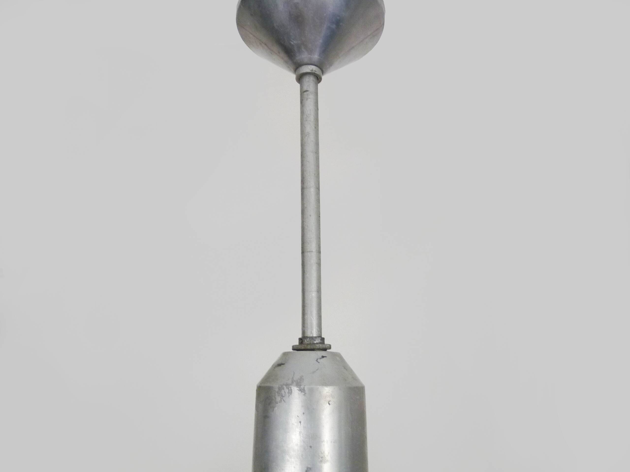 Chandelier, Space Age Flying Saucer Pendant Light, Holophane Style, Industrial Glass. 70s