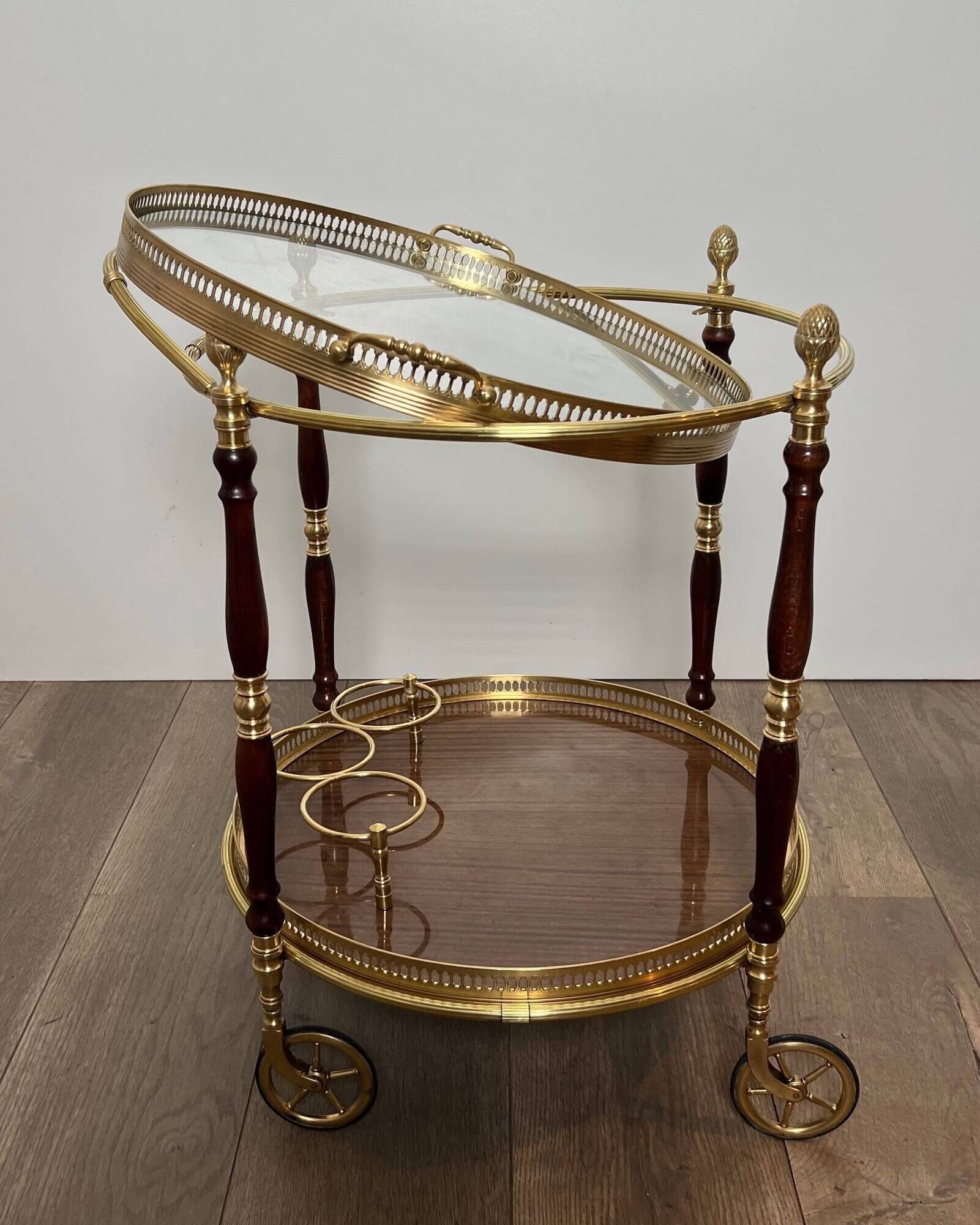 Oval Rolling Table in Brass and Mahogany with Openwork Gallery and Bottle Holder