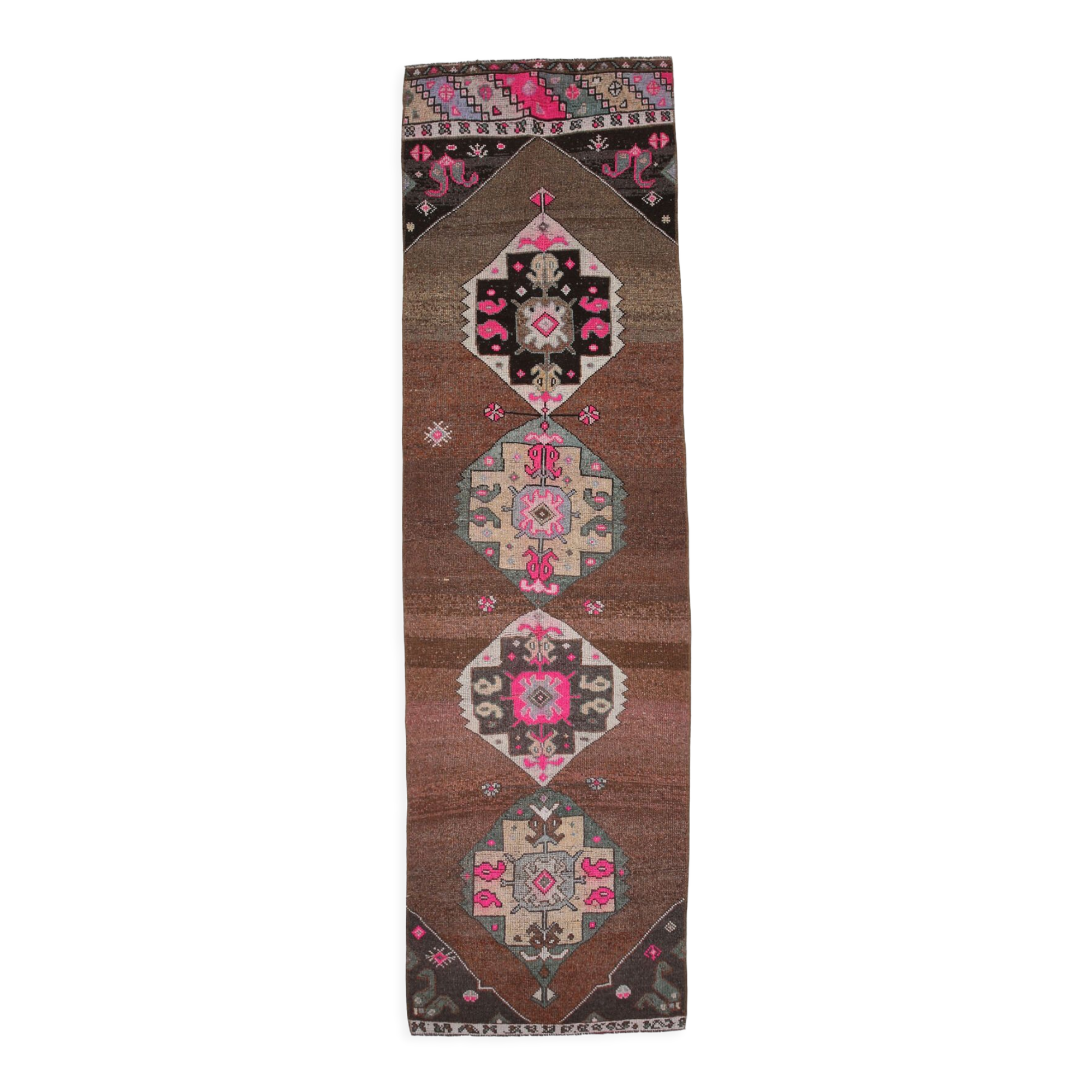Geometric brown oushak runner rug, 97x326cm