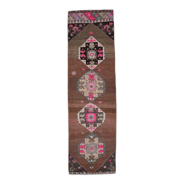 Geometric brown oushak runner rug, 97x326cm