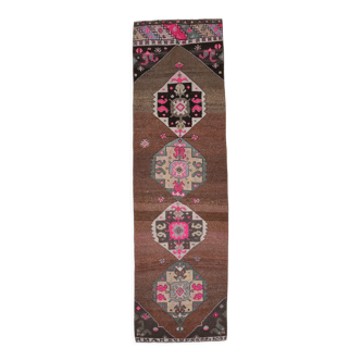 Geometric brown oushak runner rug, 97x326cm