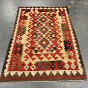 Handwoven Wool Kilim Rug, Modern Geometric Flatweave Carpet 180 x 119 cm