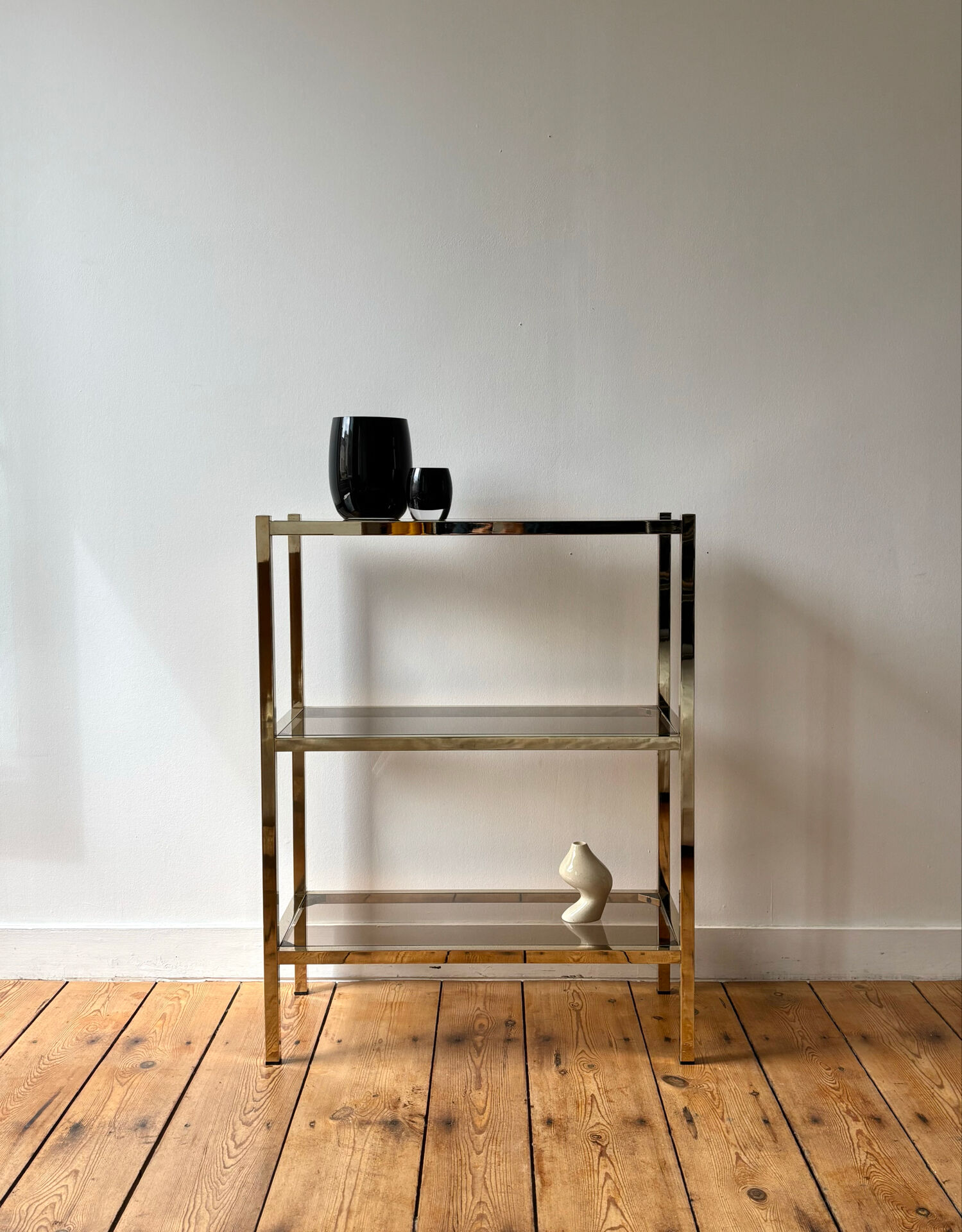 Brass and smoked glass library shelves