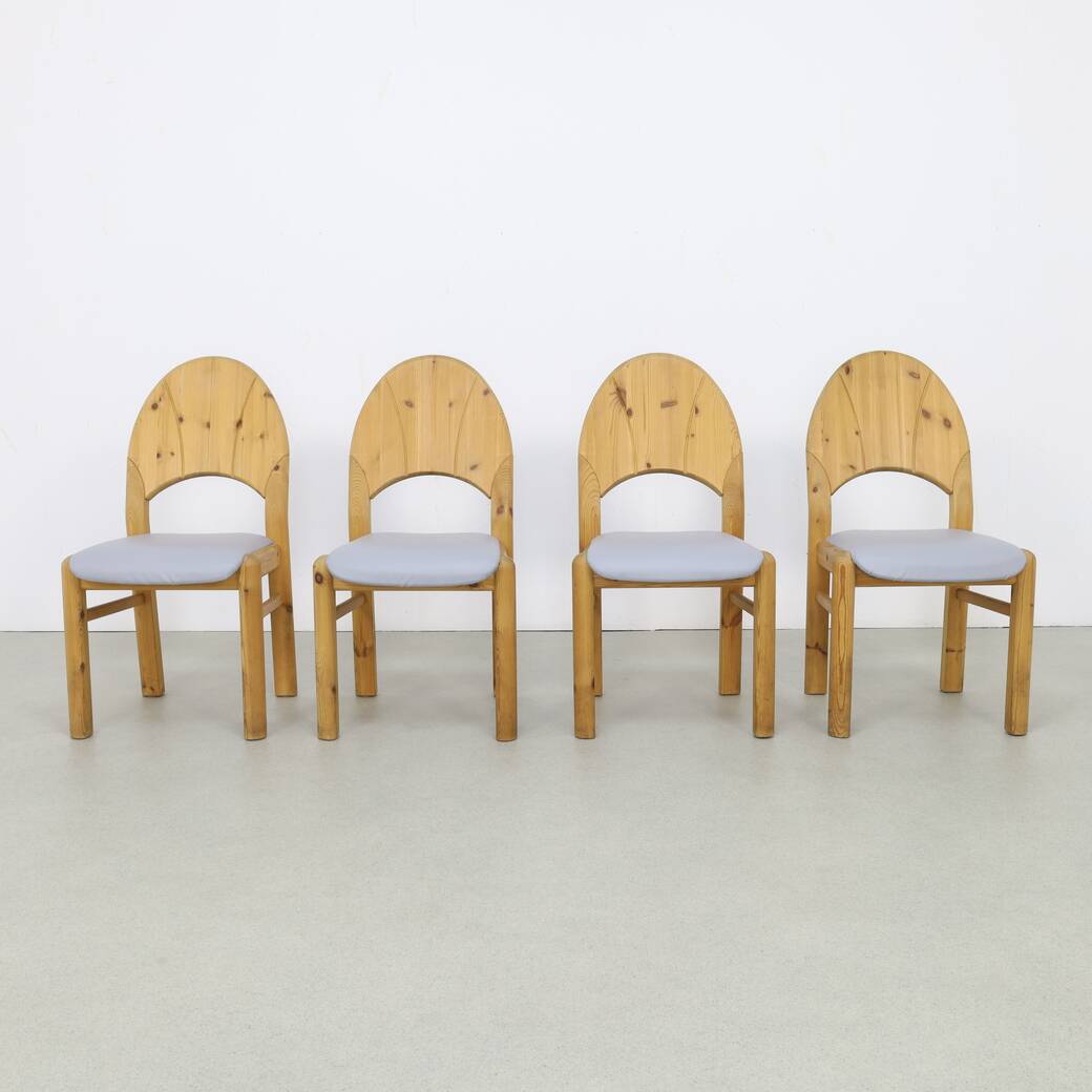 4x Brutalist pine dining chairs, 1970s