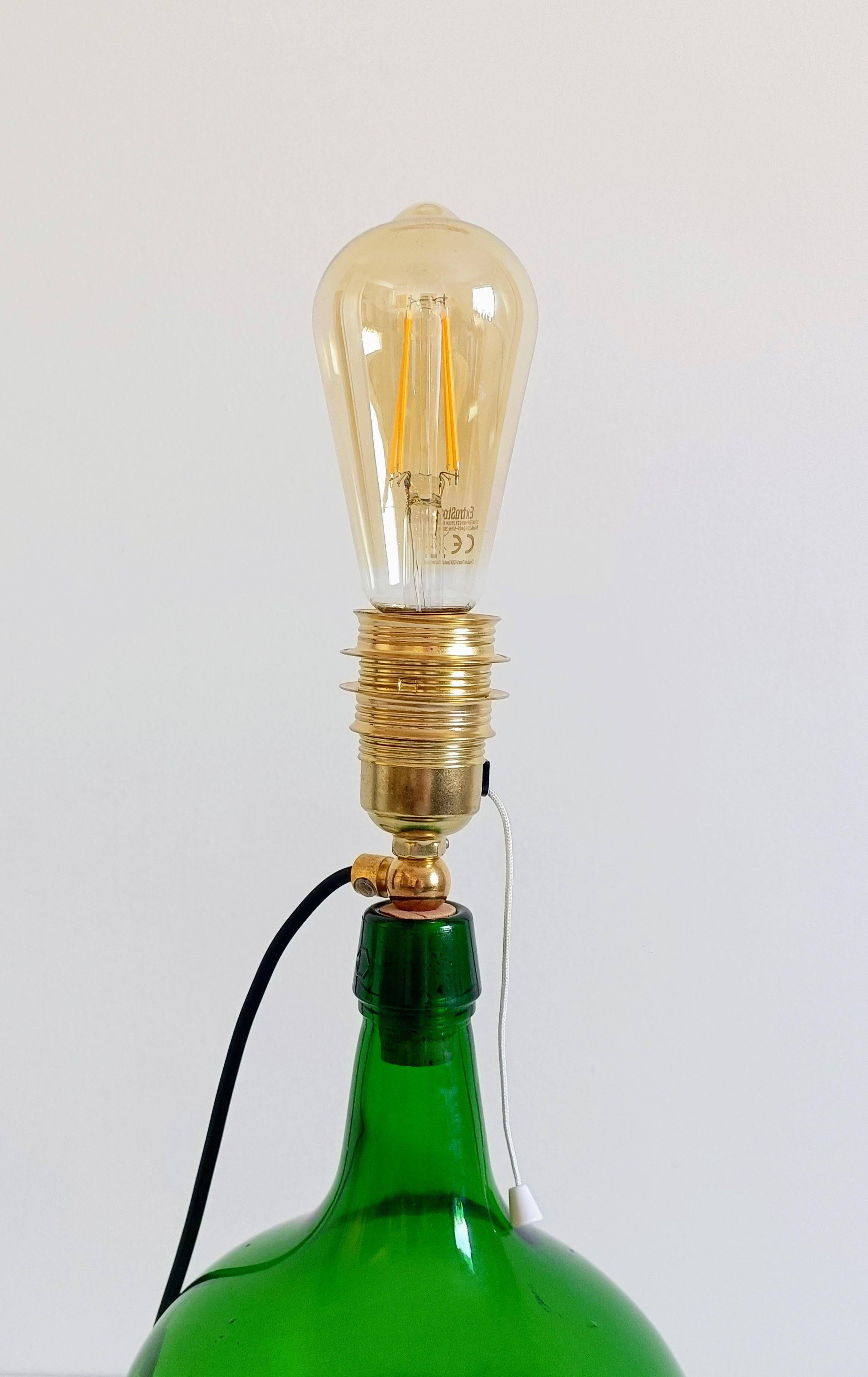 Mid-Century Green Glass Demijohn Table Lamp, Brass Fittings, Contemporary Shade